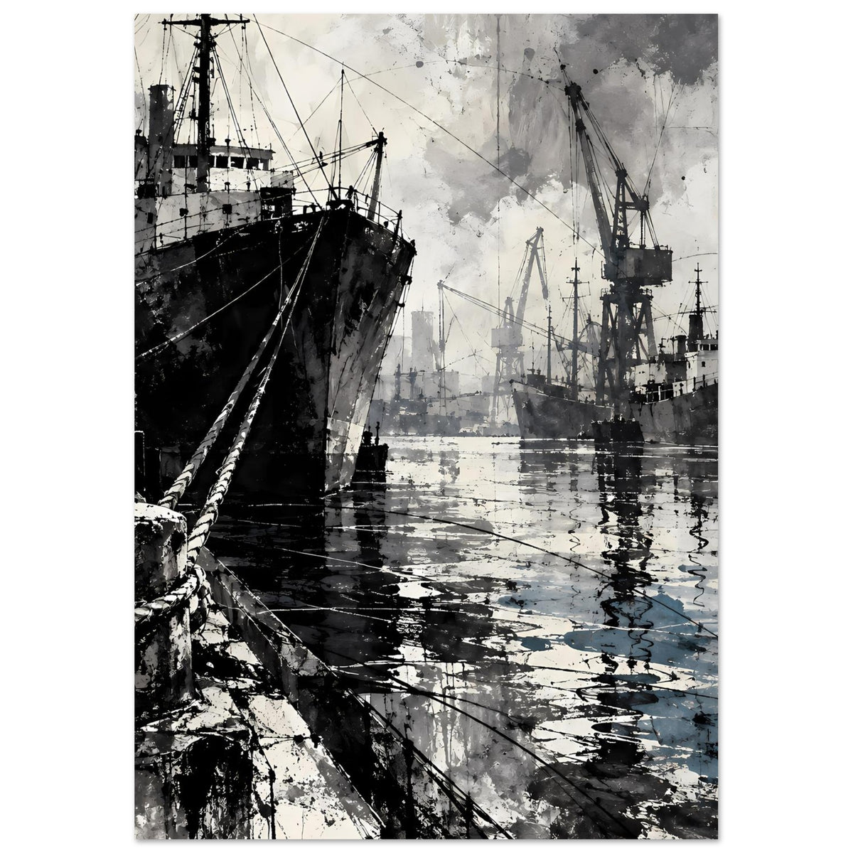 Maritimes Poster mit Hafenkränen, verankertem Schiff und Wasserreflexen, Schwarzblau
