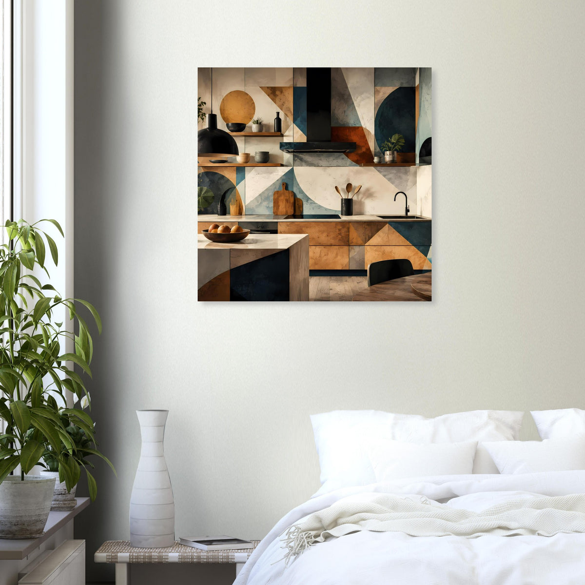 Geometrisches Küchenkunstposter mit abstrakter Küchenansicht, quadratisch über Bett