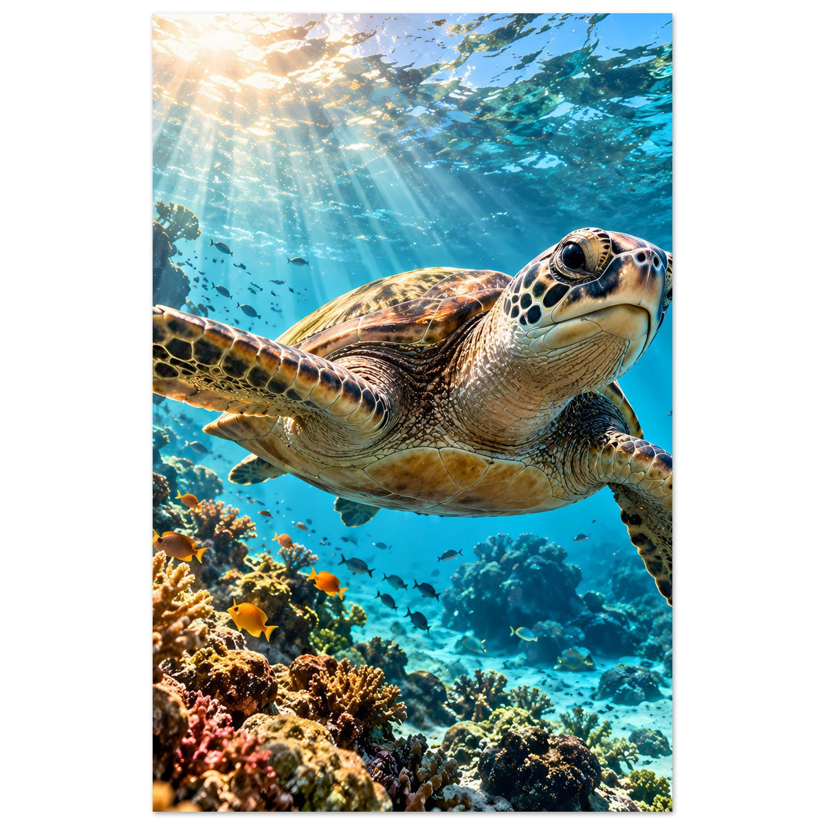Unterwasser-Schildkrötenposter, vertikal: Meeresschildkröte schwimmt über Korallen und Fischen