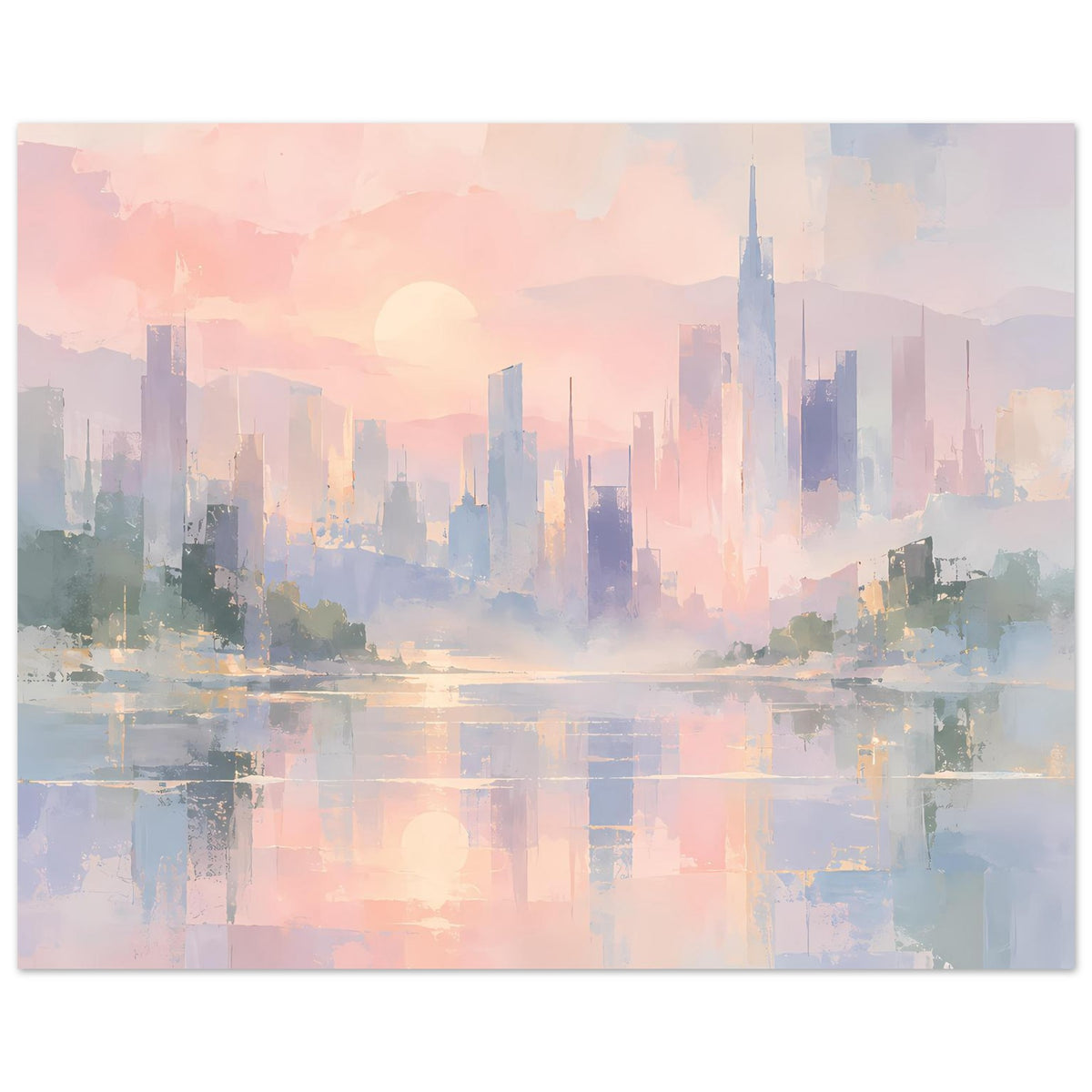 Abstraktes Poster mit Skyline in Pastellfarben, Sonnenball und Spiegelung im Wasser, quer