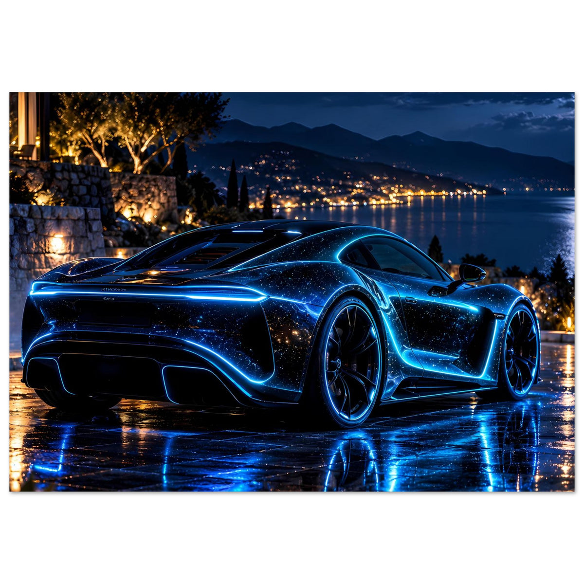 Poster mit blauem Neon-Sportwagen, nächtliche Szene mit Spiegelung auf nasser Straße