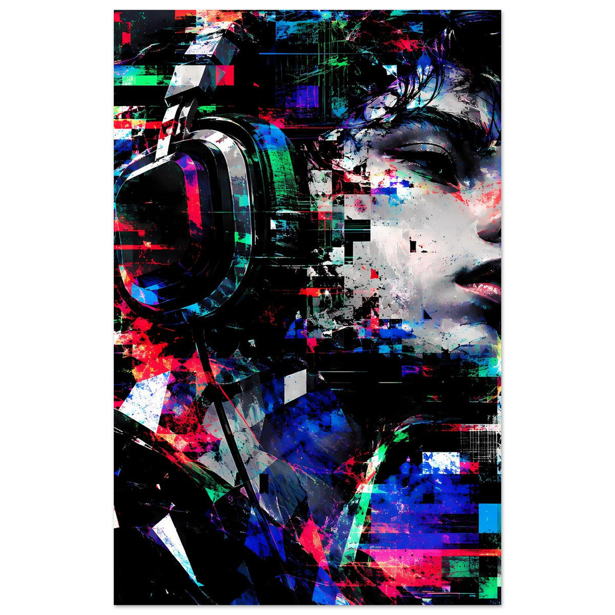 Digitales Kunstposter mit Gesicht, Neonblau, Rot und Grün sowie schwarzer Einfassung
