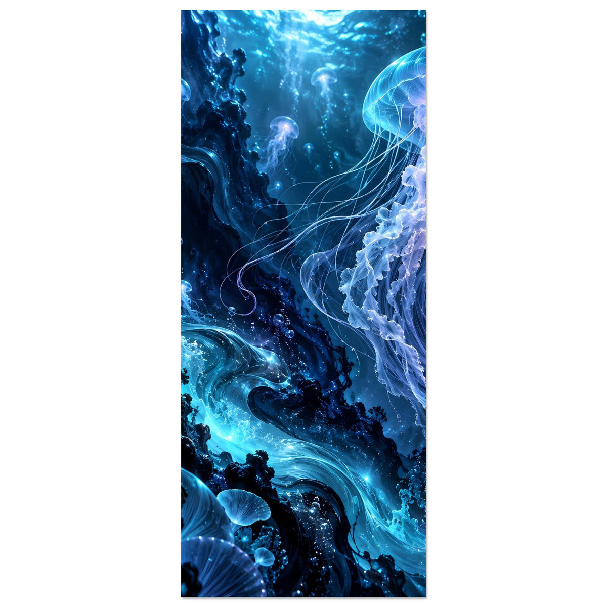 Hochformat-Unterwasser-Poster mit großen leuchtenden Quallen, Tiefblau und Blasen