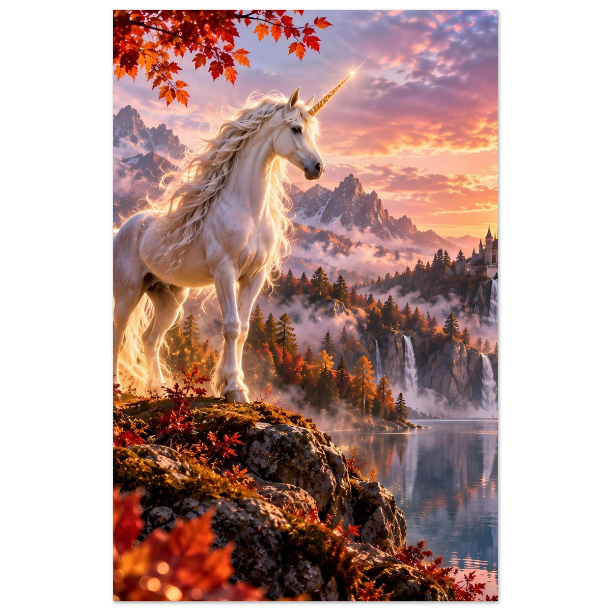 Einhorn-Fantasyposter (vertikal): weißes Einhorn vor Wasser, Wald und Schloss bei Abendsonne