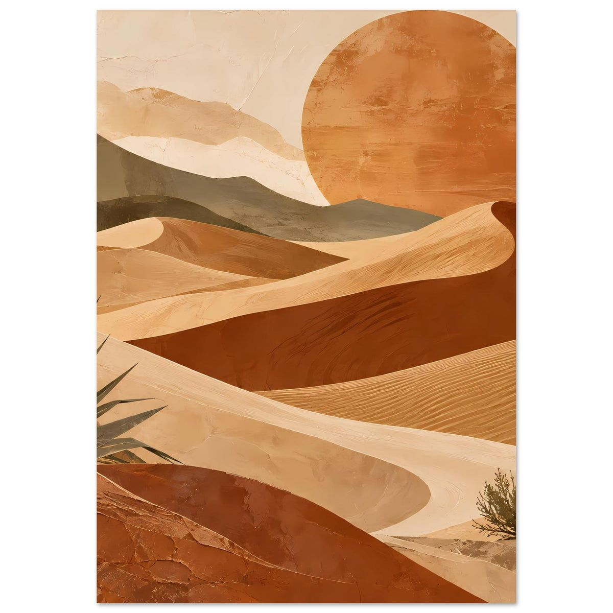 Poster mit Dünenlandschaft: runde Sonne, hell beige und braune Sandwellen, Strauch im Eck