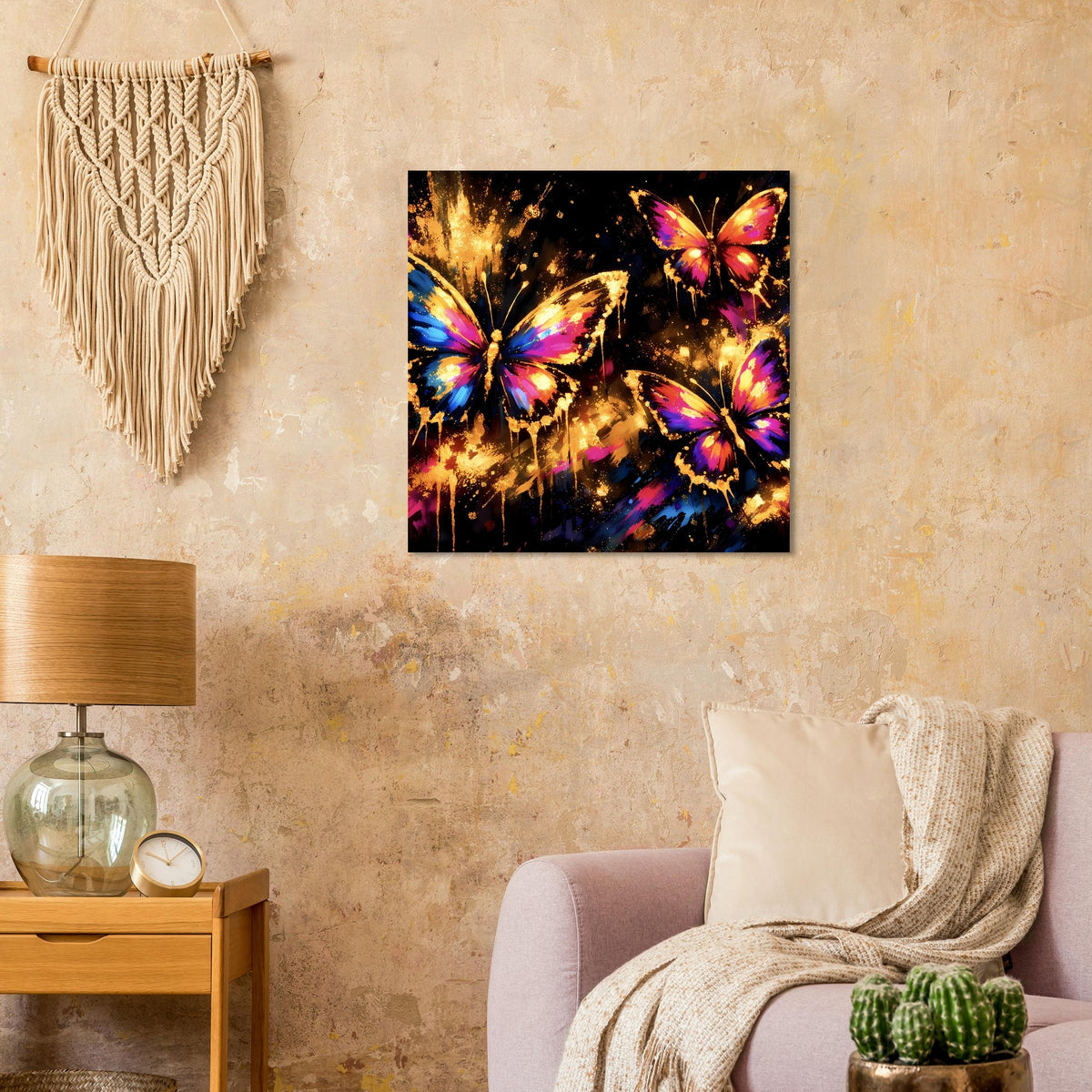 Kunstposter mit bunten Schmetterlingen im schwarzen Rahmen, zentral an der Wand