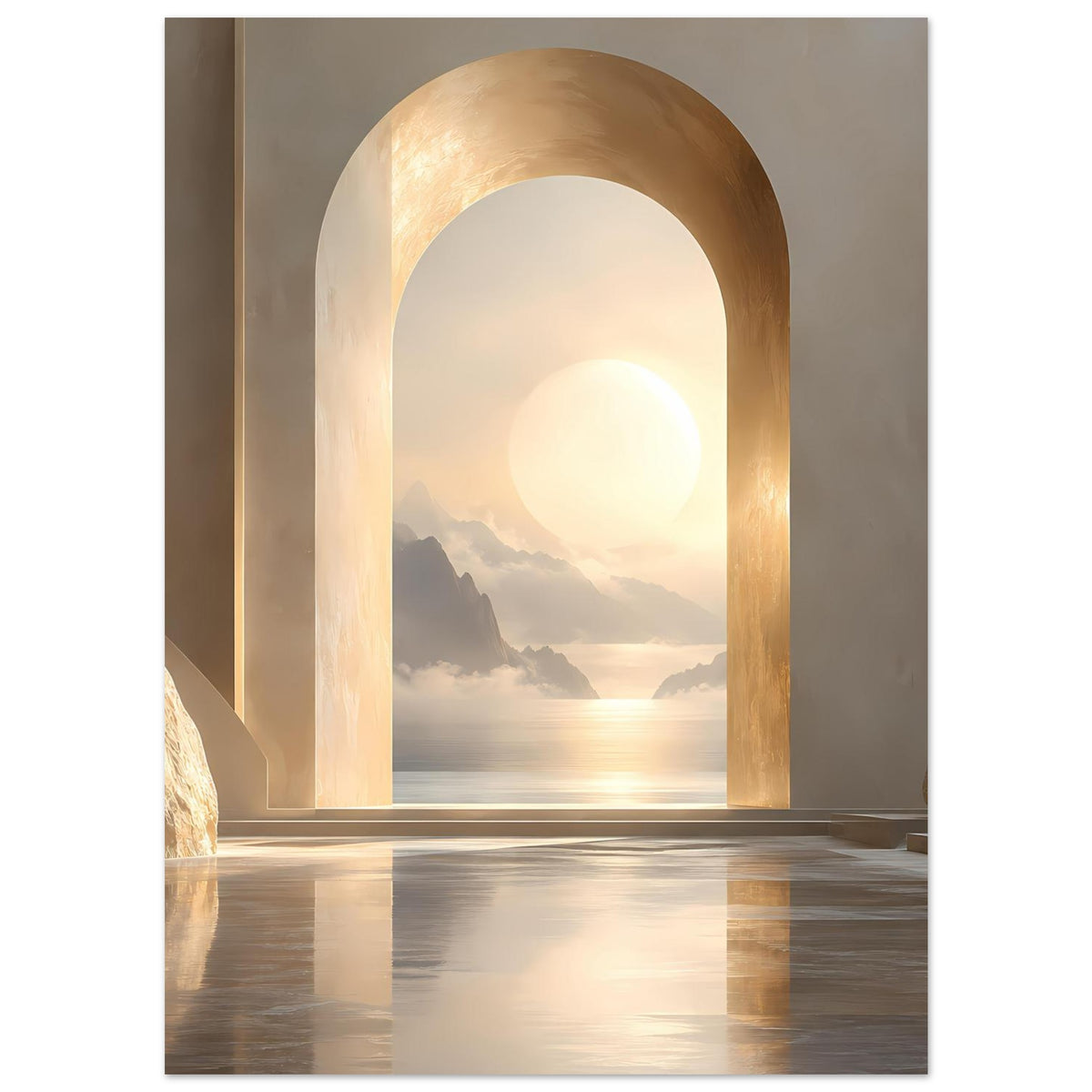Wandposter: goldenes Tor mit Sonnenaufgang, Landschaft mit Meer, Bergen und ruhigem Licht