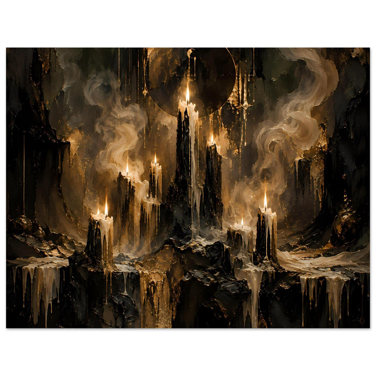Fantasy-Poster im Querformat: Kerzenflammen, Rauchwolken und goldene Highlights im Dunkel