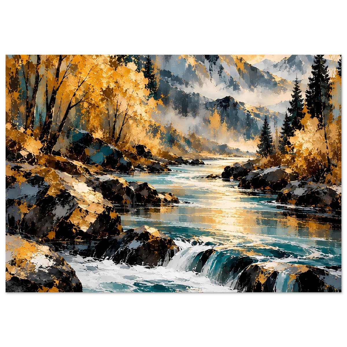 Horizontales Poster Herbstlandschaft: Fluss mit Wasserfall, Felsen, goldene Bäume und Sonne