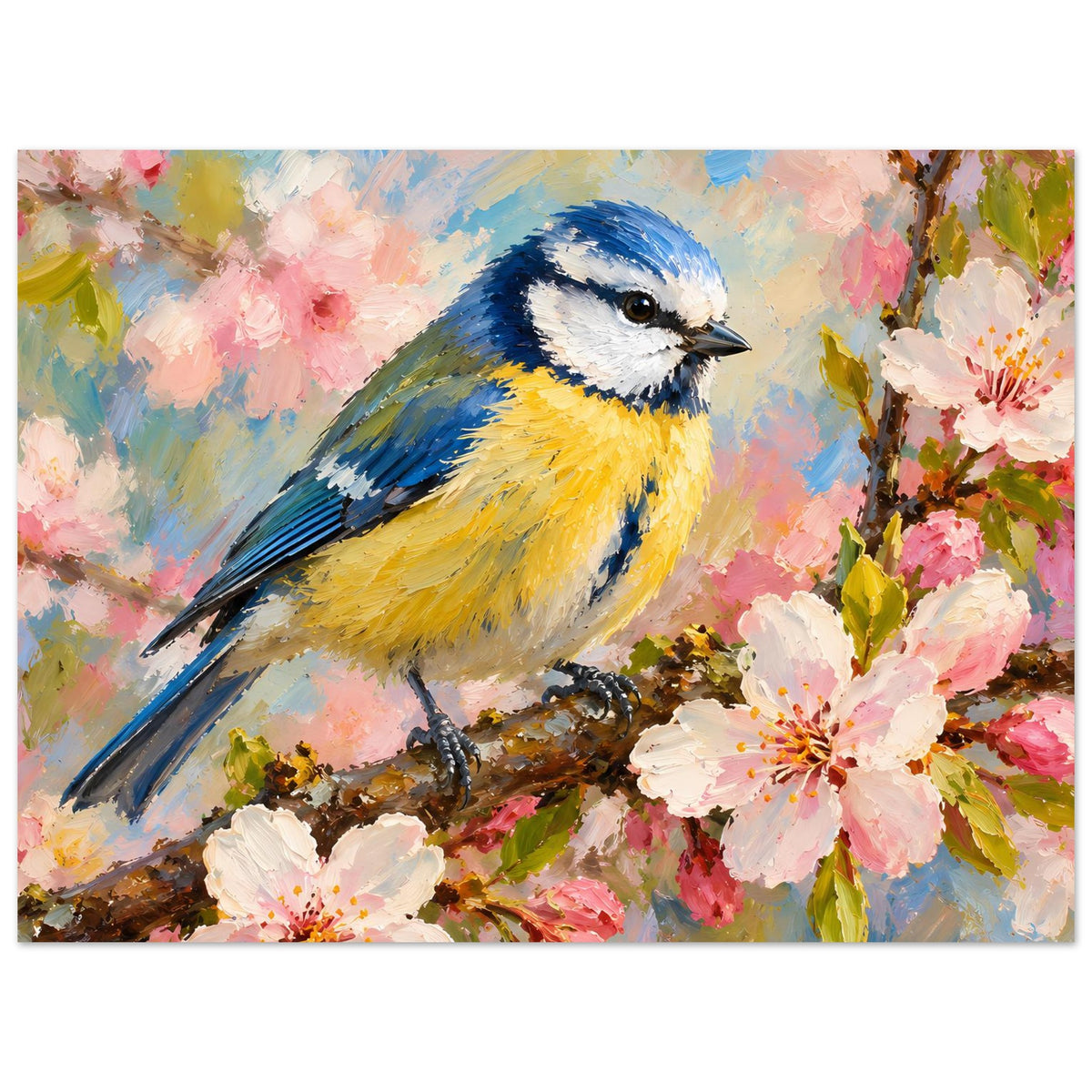 Vogelposter im Querformat: detailreicher blauer Vogel auf blühendem Ast mit pinken Blumen
