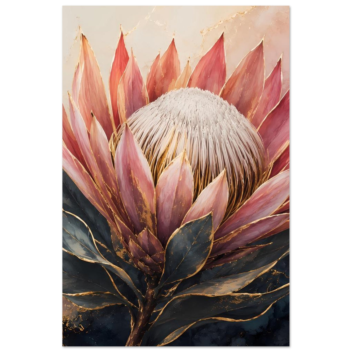 Botanisches Poster: Königsprotea in Altrosa und Gold, runder Blütenkopf mit feinen weißen Fäden
