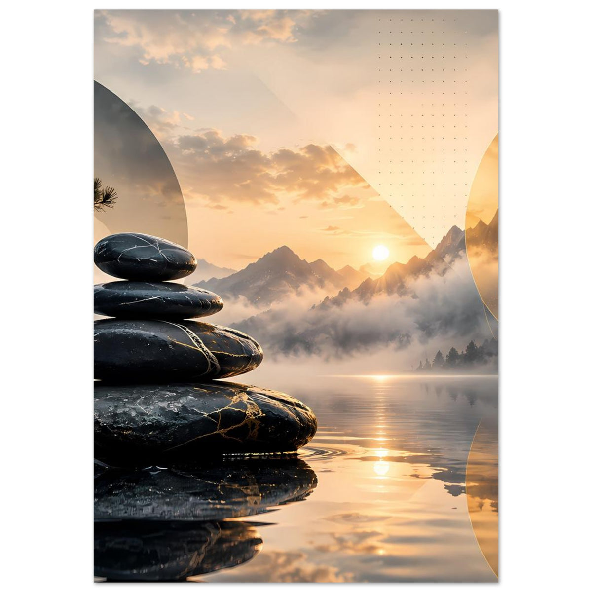 Poster mit schwarzen Steinen auf Spiegelwasser und Sonnenaufgang zwischen Bergen, goldene Akzente