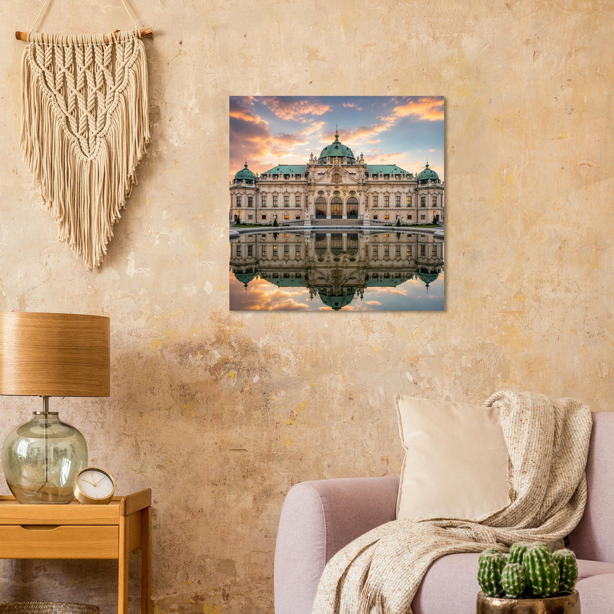 Gerahmtes Schloss-Poster mit Wasserspiegelung, Abendhimmel und Barockfassade