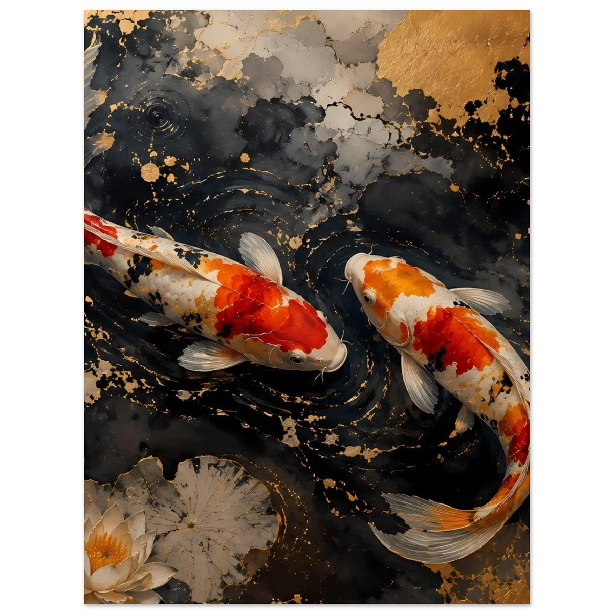 Poster mit zwei Koi-Fischen im dunklen Wasser, goldene Spritzer, Seerosen im Vordergrund