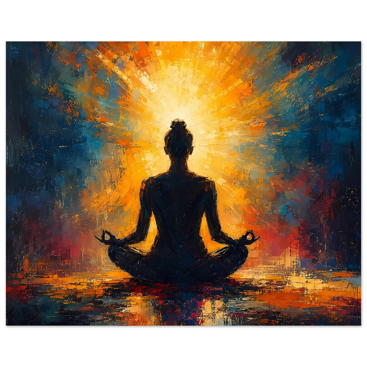 Poster mit zentrierter Meditationsfigur, blau-orange Farbspritzer, leuchtender Strahlenhintergrund