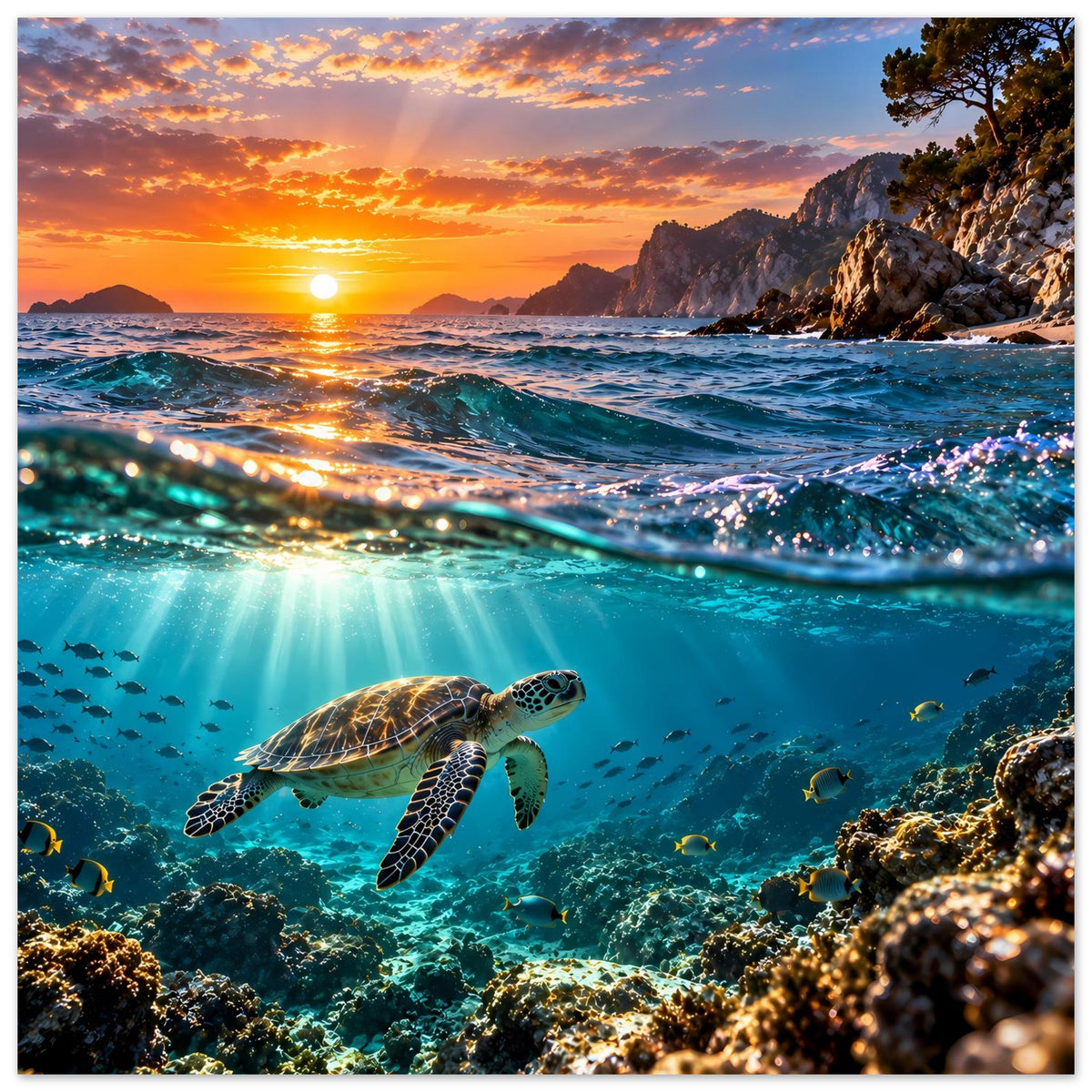 Vertikales Poster mit Meerschildkröte im Ozean, Korallenriff und klares Licht