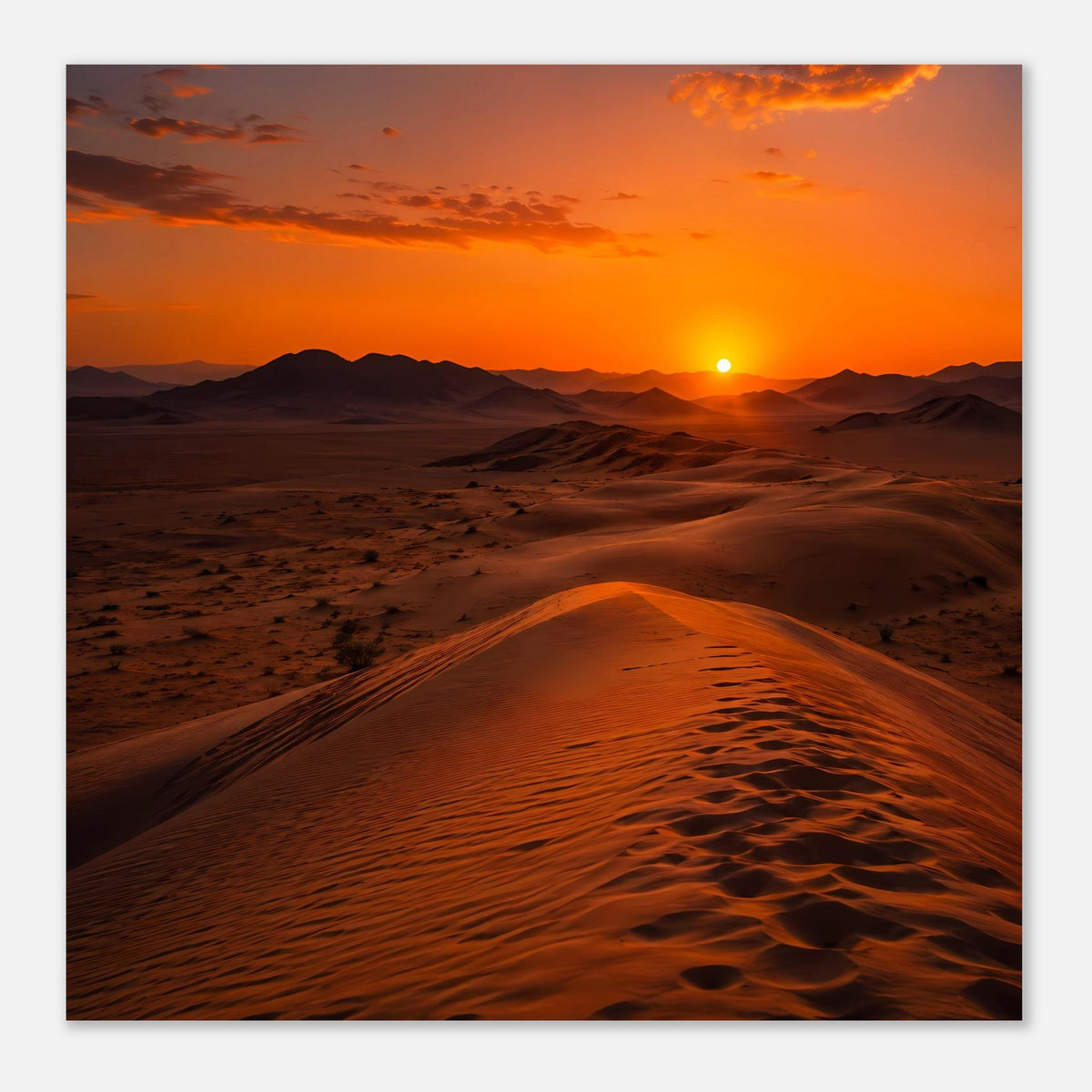 Quadratisches Poster mit Wüstenlandschaft im Sonnenuntergang, orangefarbener Himmel und Dünenrillen.
