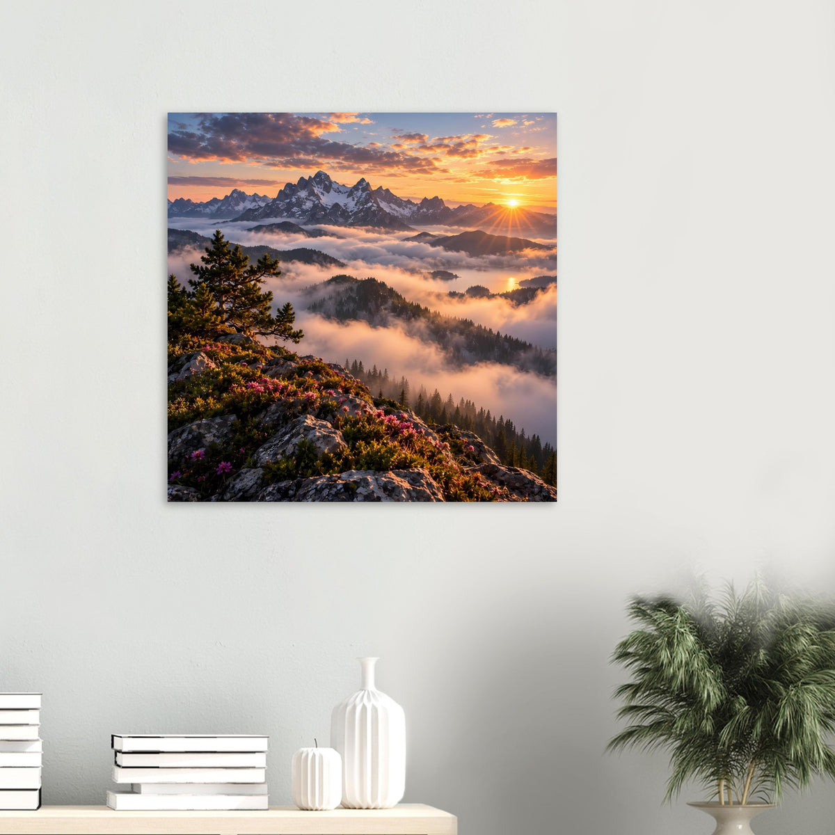 Kleines Poster im Hochformat mit Sonnenaufgang, Berglandschaft und dichten Wolken