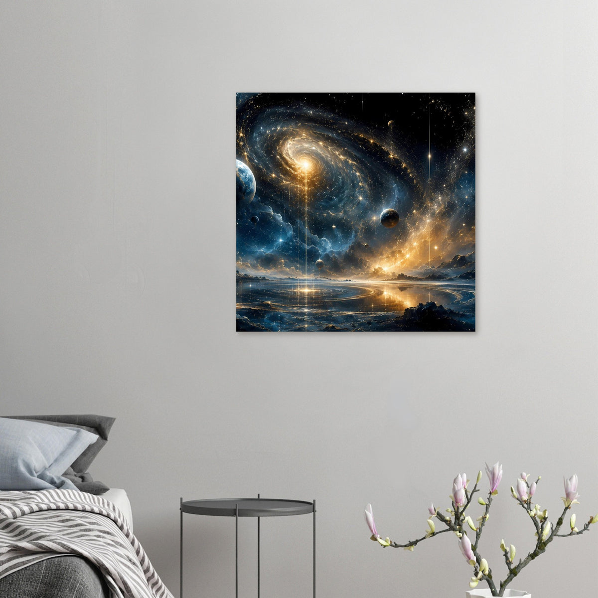 Kleines Weltraum-Poster mit Spiralgalaxie, Planeten, Sternen und goldener Lichtzone