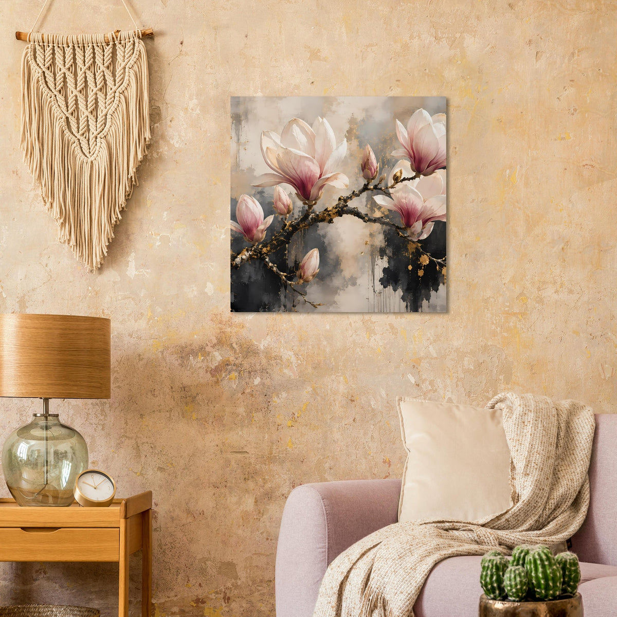 Quadratisches Wandposter mit Magnolienblüten und dunklem Astwerk mit goldenen Punkten