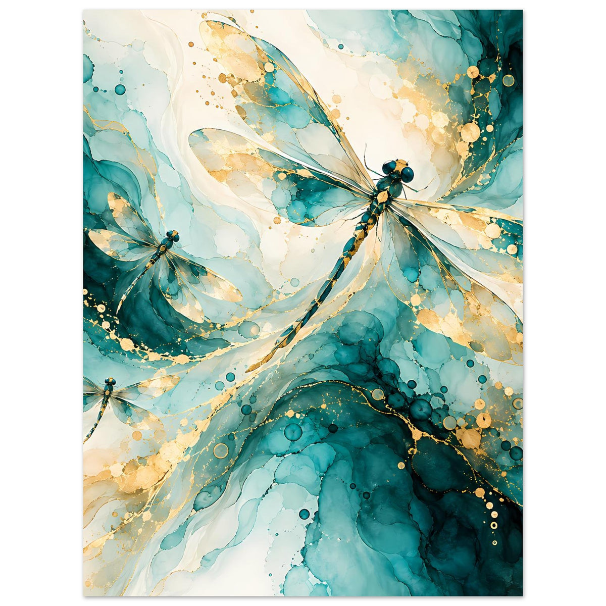 Kunstposter mit abstrakten Libellen in Türkis und Gold, Hochformat mit Details aus Sprenkeln.