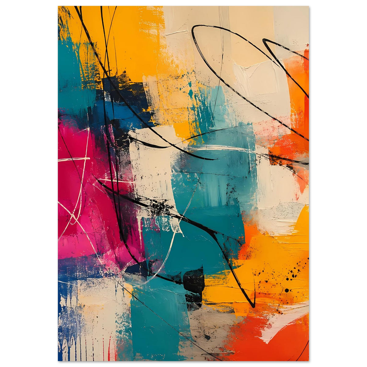 Abstraktes Kunstposter mit bunten Farbflächen und schwarzen Linien, Akzent in Orange und Pink, Hochformat