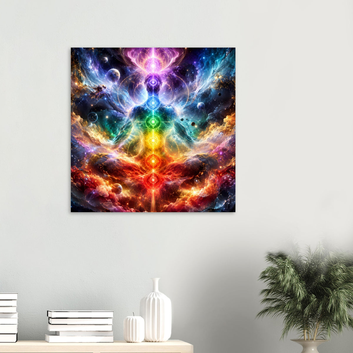 Chakra-Meditationsposter mit zentraler Energie-Säule und violettem Oberleuchten