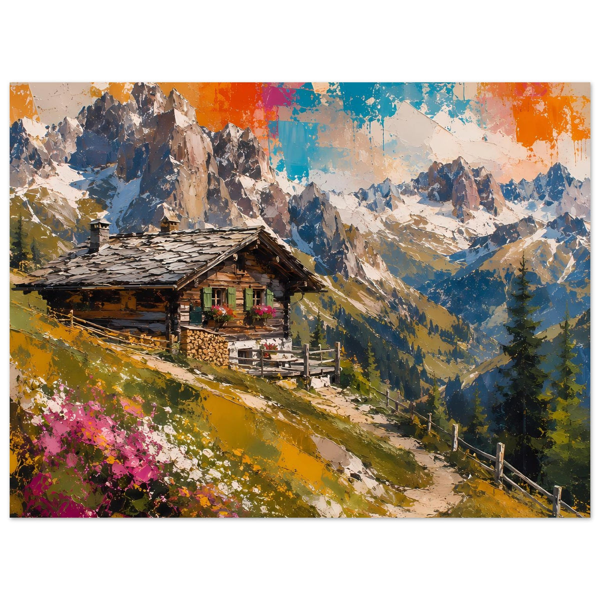 Wandposter im Querformat: Berglandschaft mit rustikaler Hütte, buntem abstraktem Himmel und Felsgipfeln