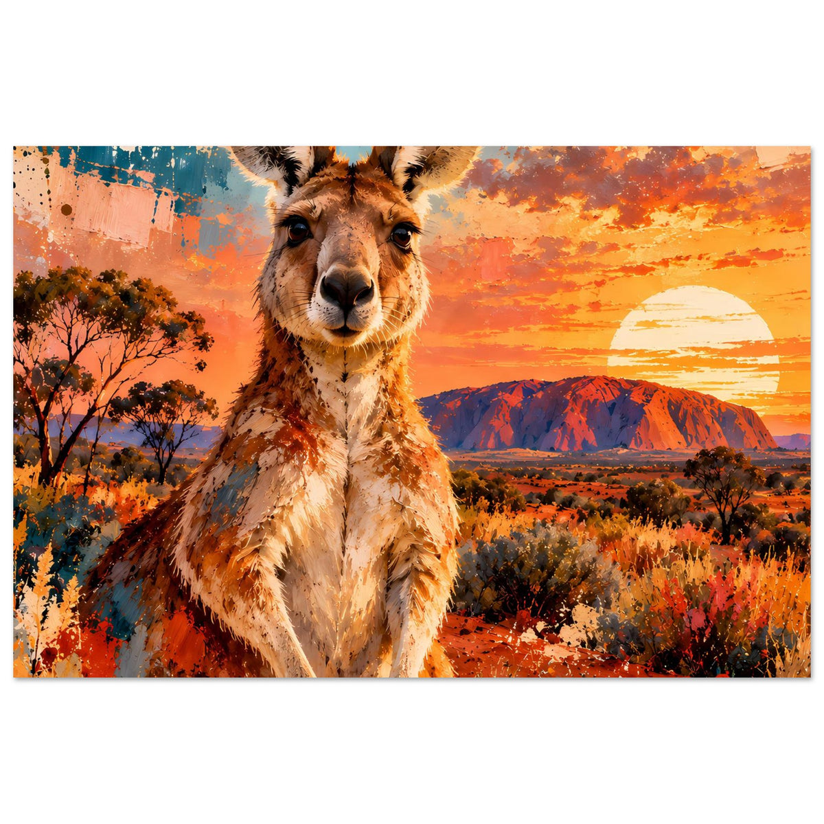 Posterdruck mit Känguru bei Sonnenuntergang, Buschwerk und Felsformationen im warmen Licht