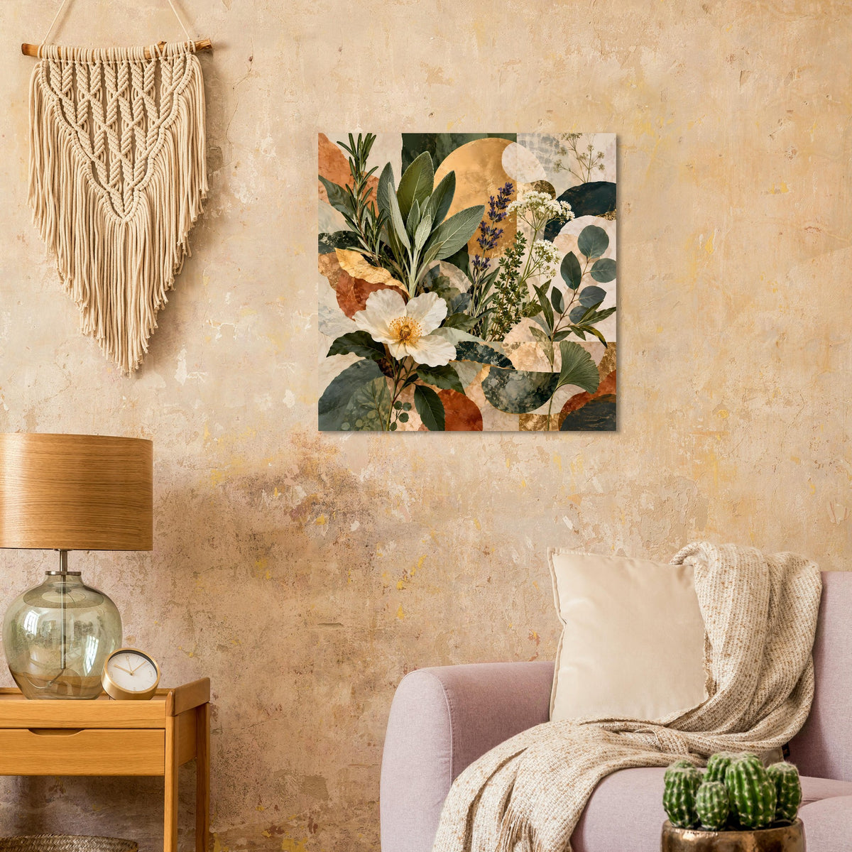 Quadratisches botanisches Poster mit Blättern, Eukalyptus-Optik und Blumen