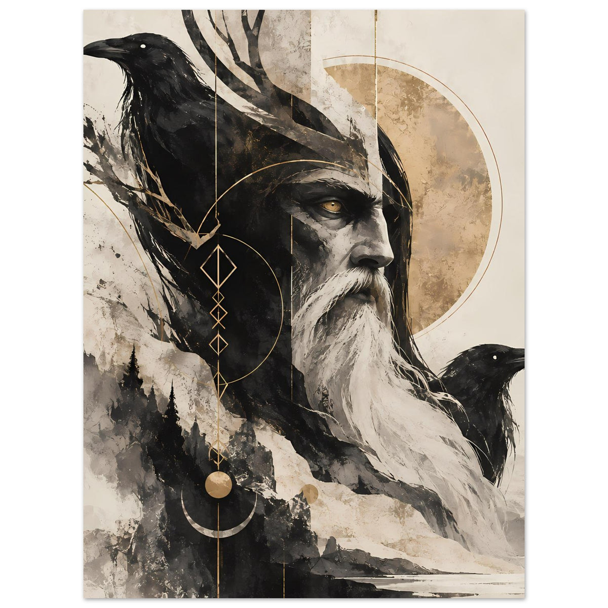 Kunstposter: Weiser mit Raben, Halbmondbogen, goldene Akzente und Linienornamente