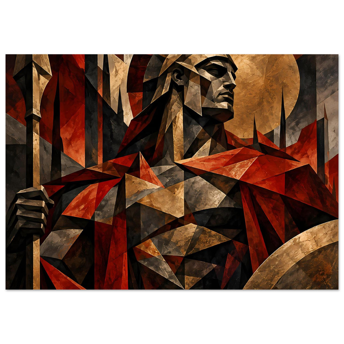 Poster mit spartanischem Krieger im geometrischen Stil, Rot- und Goldtöne, Querformat