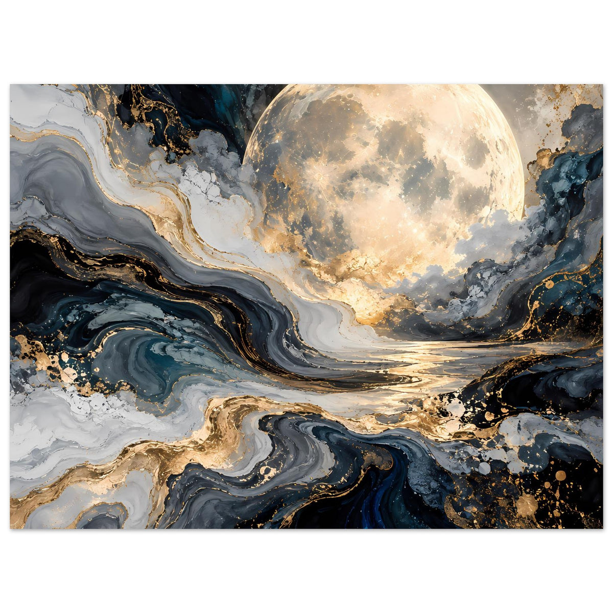Mondposter querformat: Vollmond über Marmorgesteins-Wellen in Blau, Grau, Gold