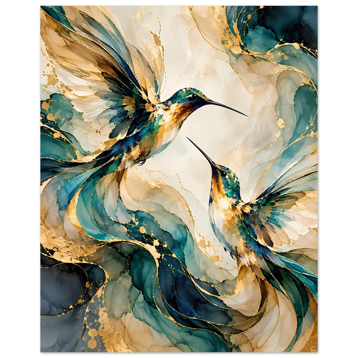 Vogelposter mit zwei Kolibris, kräftige Federn in Blau- und Goldnuancen