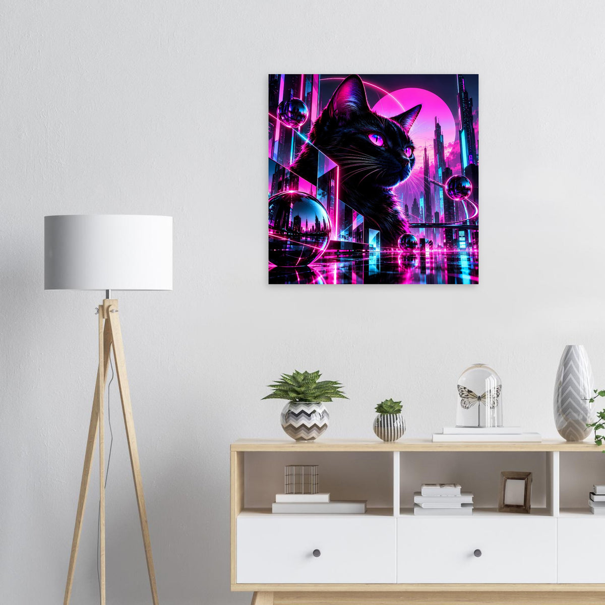 Poster: schwarze Neon-Katze in magenta Cyberpunk-City mit leuchtenden Neonlinien