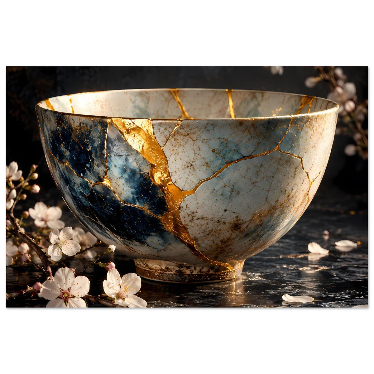 Poster mit Kintsugi-Schale in Blau und Gold, feine Risslinien und weiße Blüten