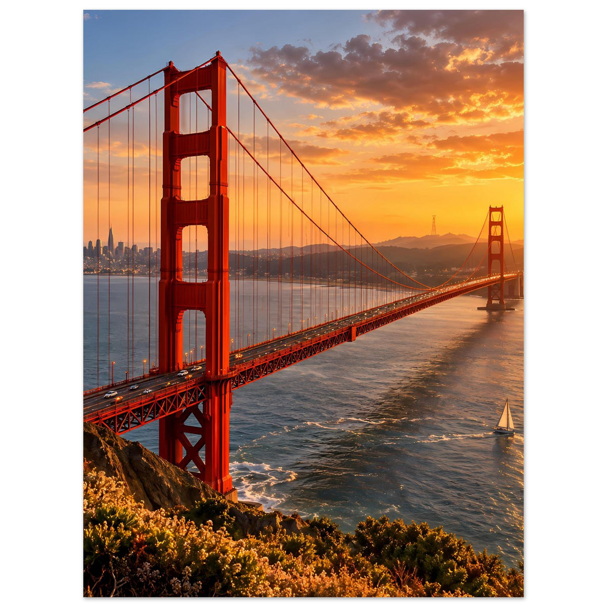 Poster im Hochformat mit roter Hängebrücke und Segelboot bei Sonnenuntergang