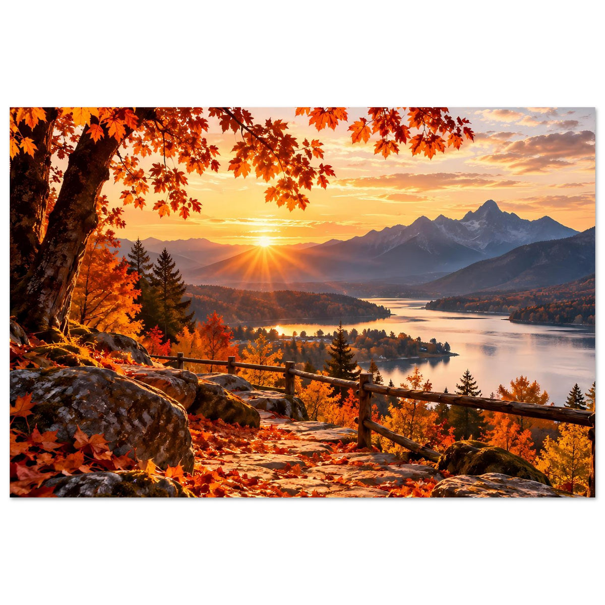 Herbstlandschafts-Poster mit Sonnenuntergang über Bergen, See im Hintergrund, Weg und Holzgeländer