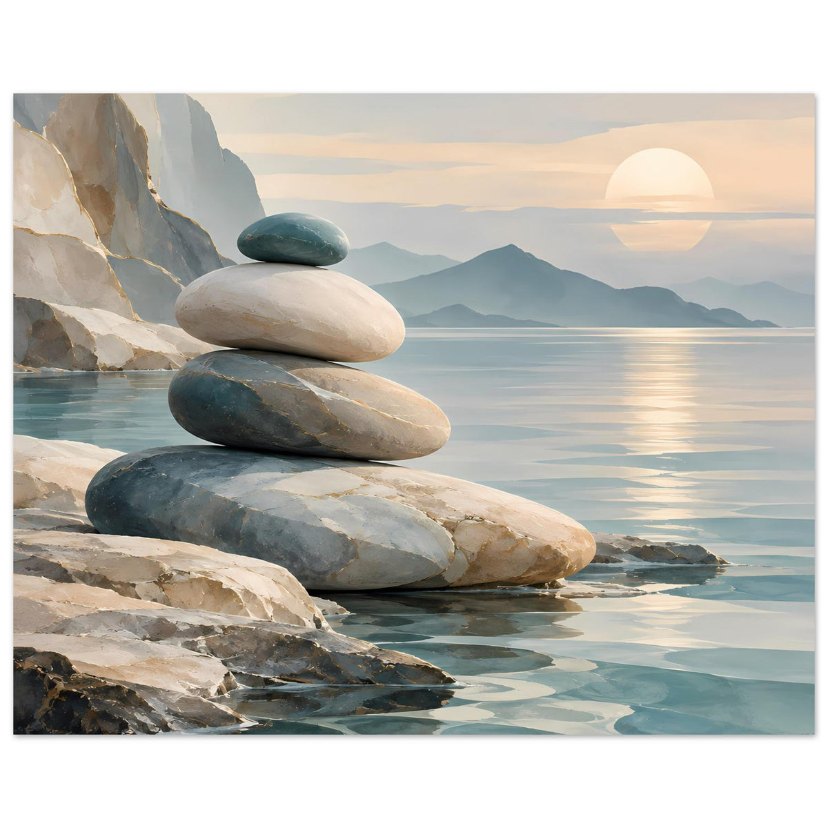 Poster mit Steinstapel am Ufer, ruhige Wellen und Bergsilhouetten im Hintergrund