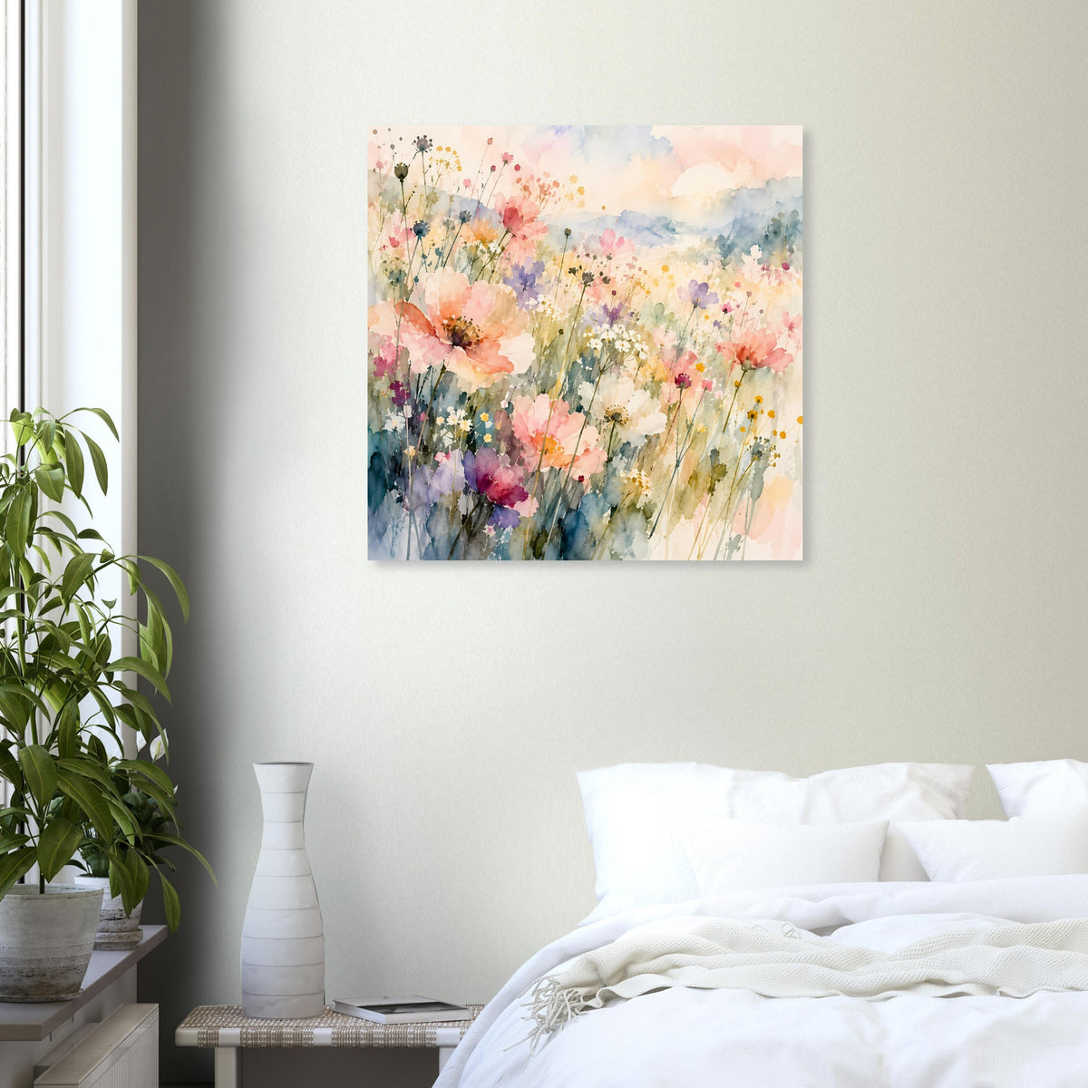 Zartes Wildblumen-Aquarellposter mit Regenbogenblüten in Pastelltönen