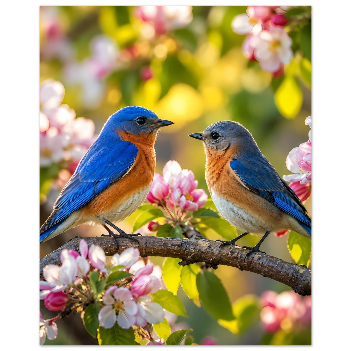 Poster mit zwei Blaumeisen auf Ast, rosa Blüten und grüne Blätter