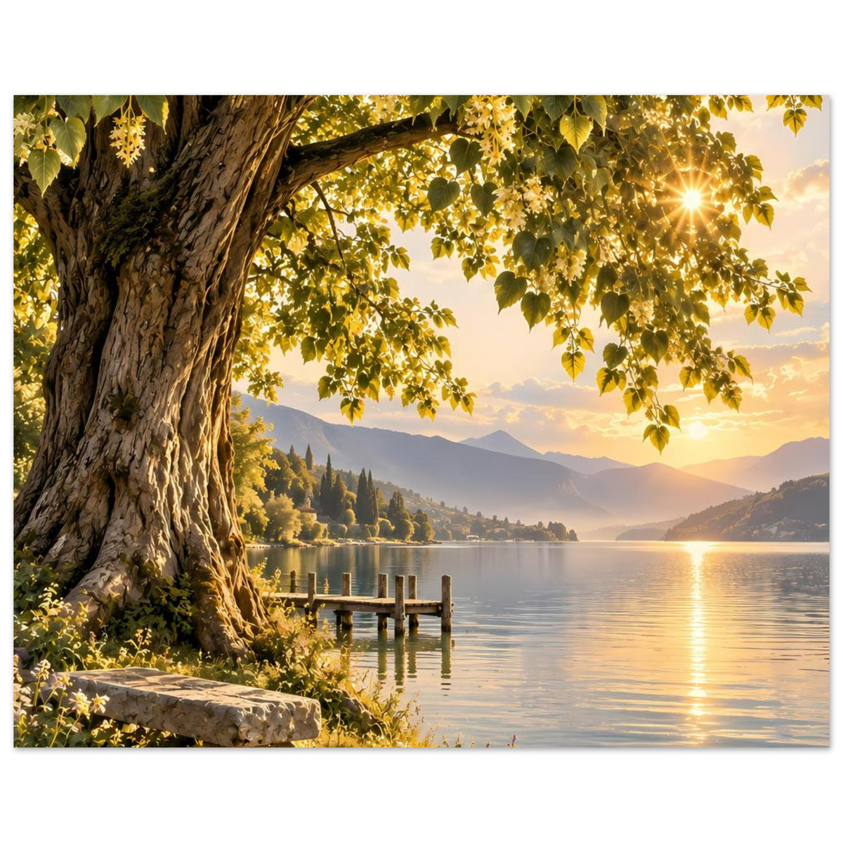 Poster: alter Baum am See mit grünen Blättern über dem Wasser und Holzsteg bei Sonnenuntergang