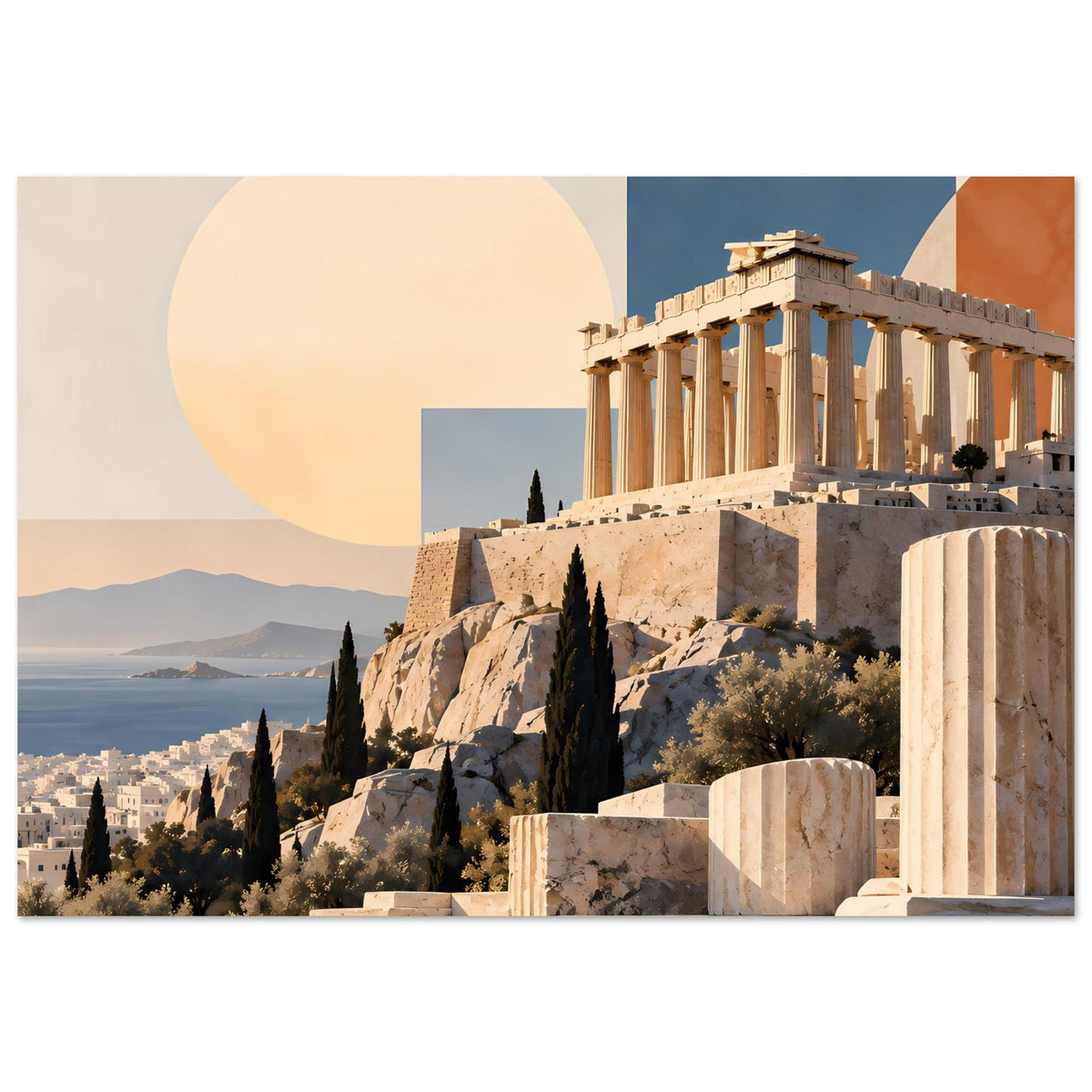 Griechenland-Poster im Querformat mit Parthenon-Säulen, Steinen und rundem Sonnendesign