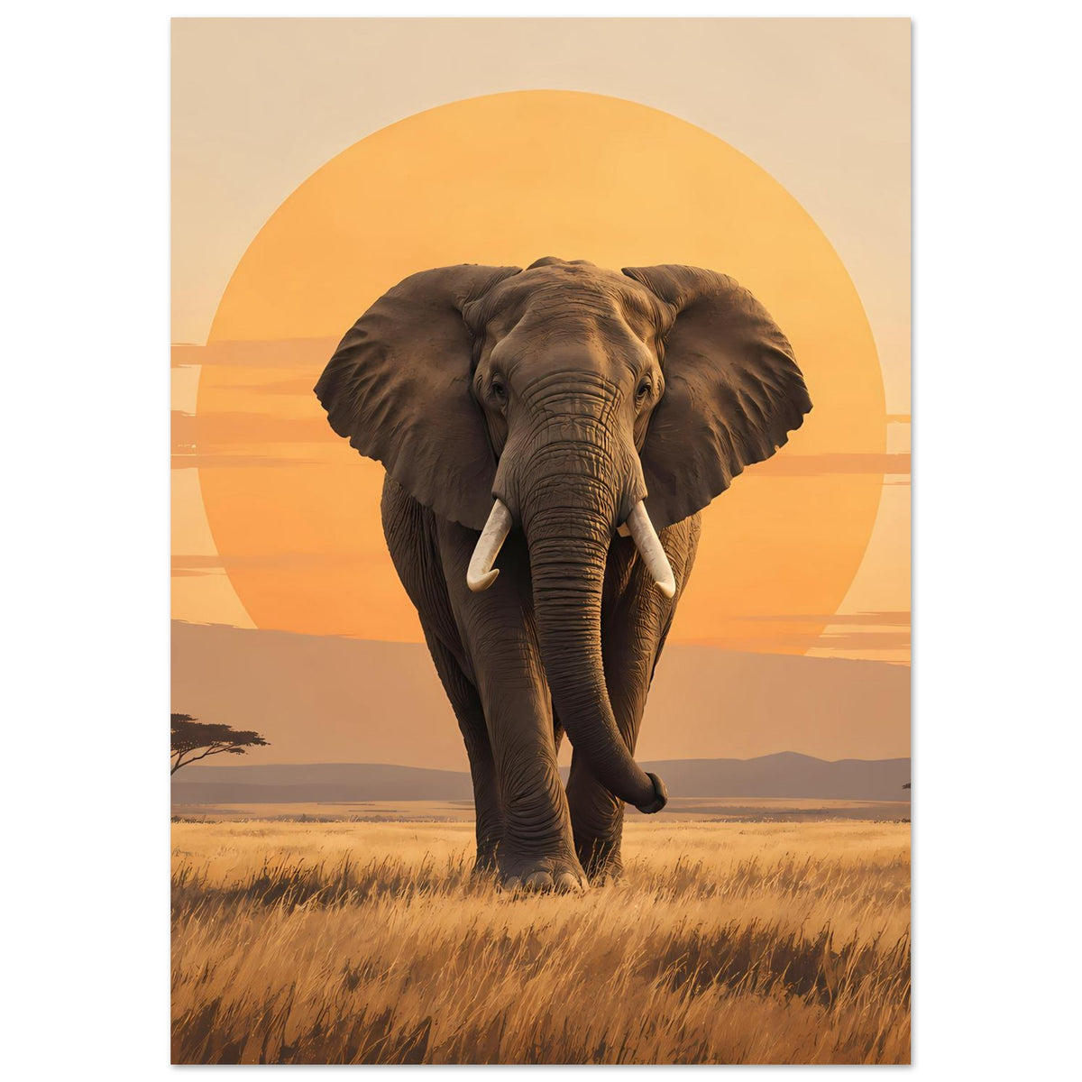 Hochformat-Poster mit laufendem Elefant, großer Sonnenscheibe und Savannenlandschaft