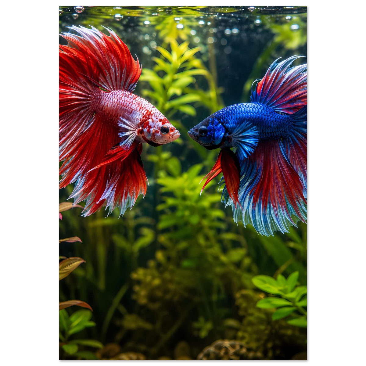 Kunstposter mit rotem und blauem Betta-Fisch, scharfe Flossen, Wasserpflanzen im Vordergrund