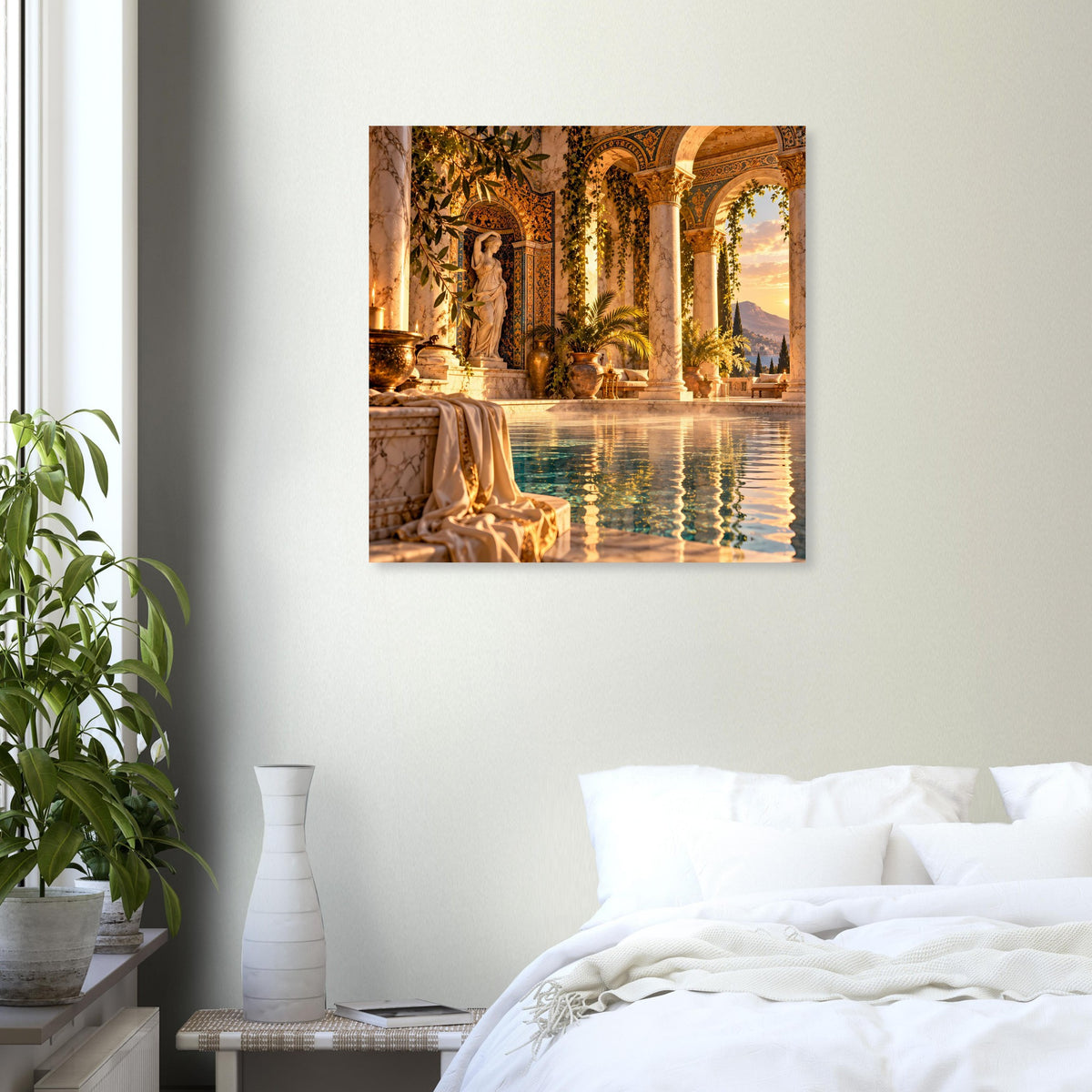 Wandposter mit Säulenbogen, Brunnenbecken und goldenem Licht
