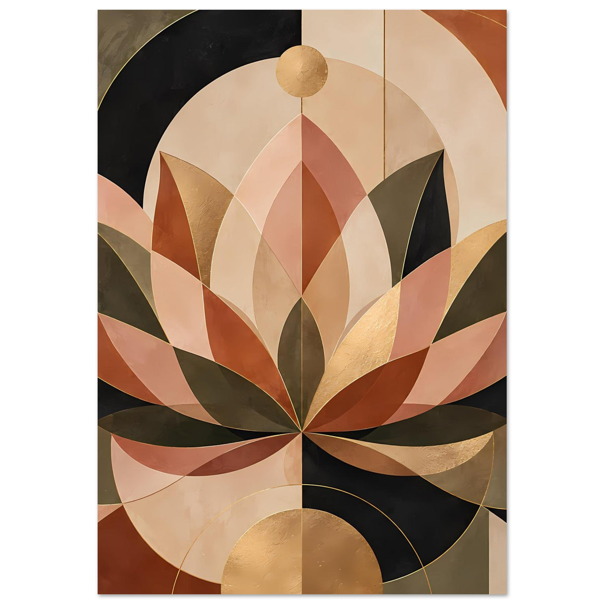 Geometrisches Lotusposter mit Lotusblättern aus Linien und goldenen Rundungen, senkrecht