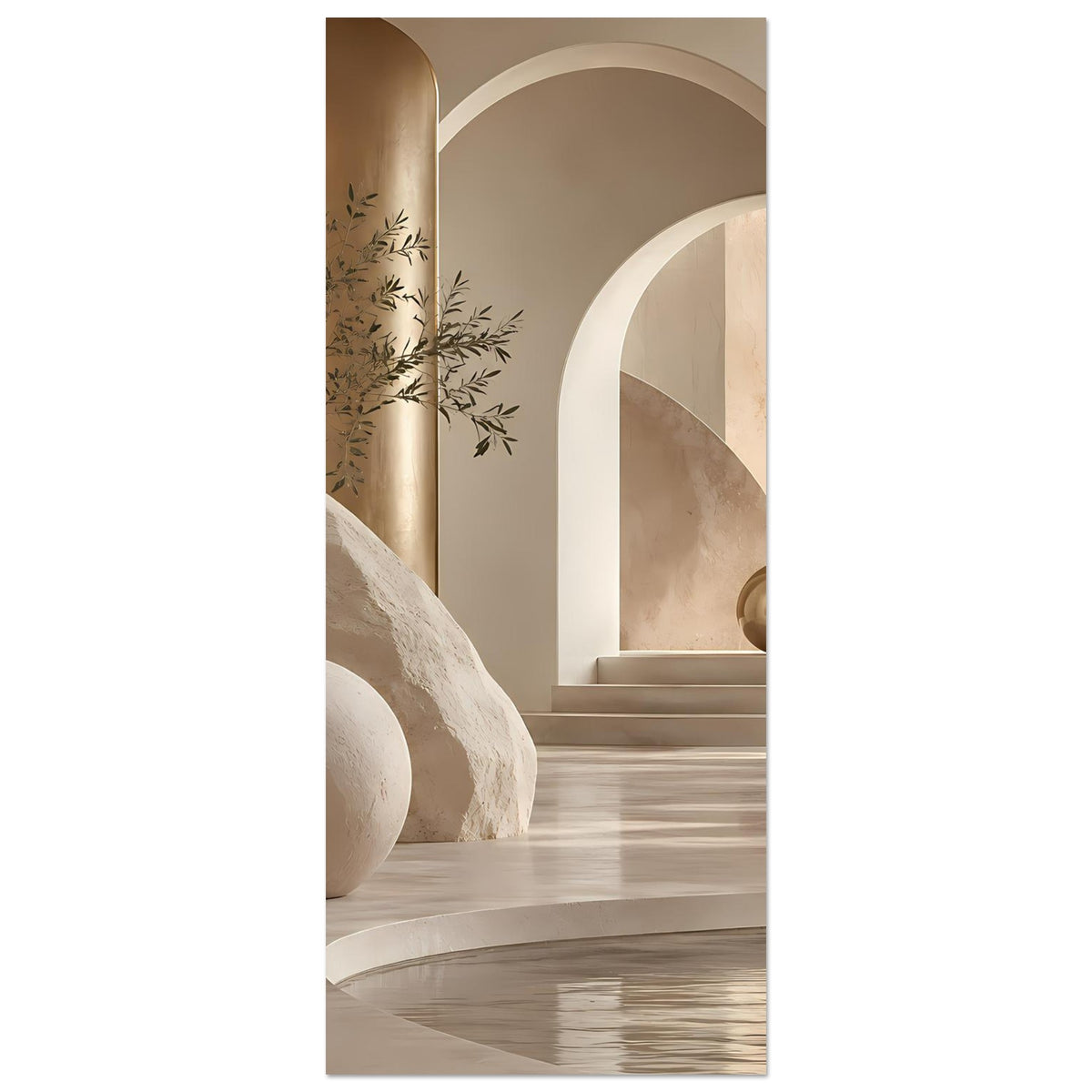 Architekturposter im Hochformat mit Rundbögen und Sand-Gold-Motiv, goldene Kugel