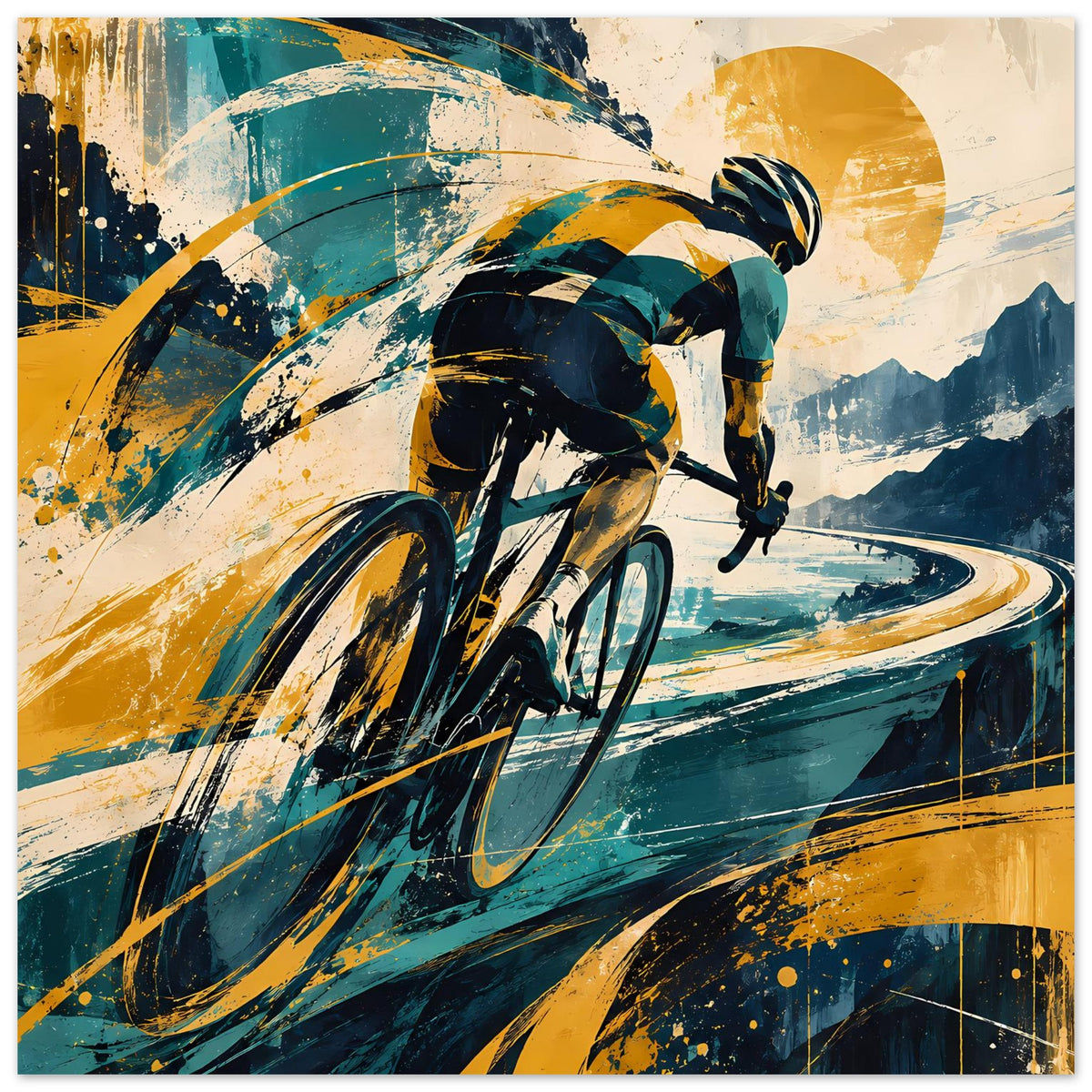Sportposter mit stylisiertem Radfahrer, Blau- und Gelb-Highlights, kurvige Bergstraße
