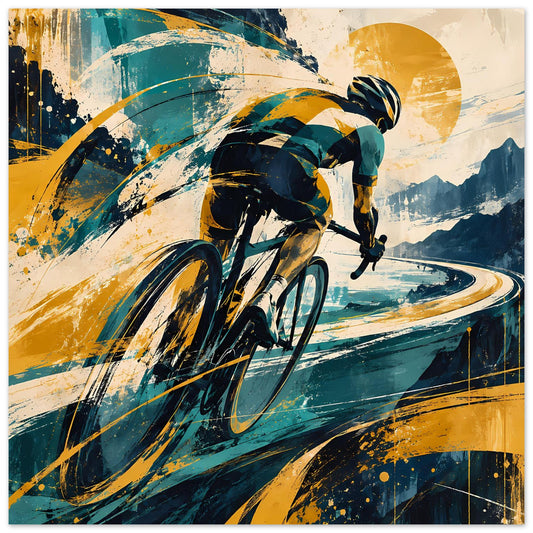Sportposter mit stylisiertem Radfahrer, Blau- und Gelb-Highlights, kurvige Bergstraße